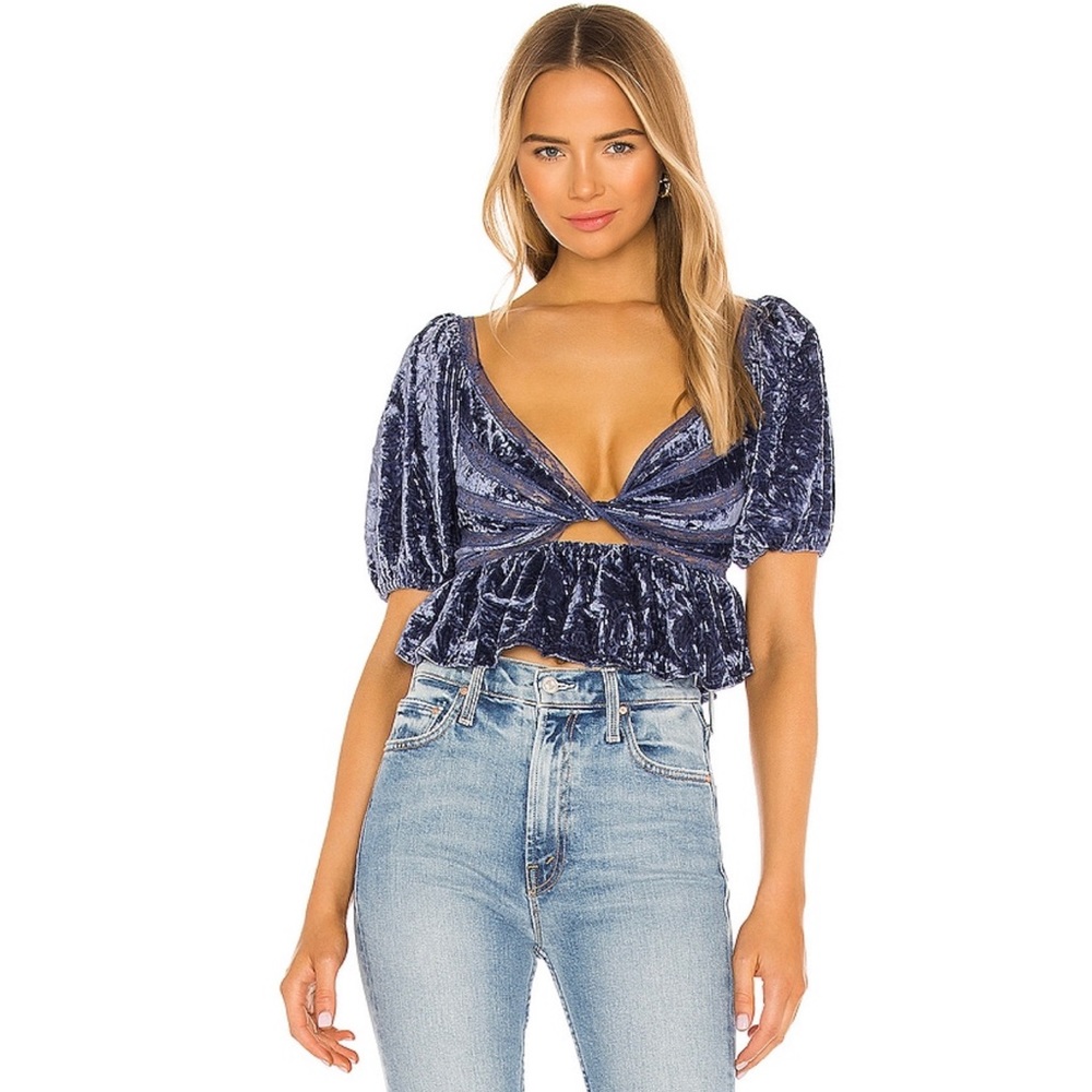 FREE PEOPLE Yours Truly Dark Blue Velvet Peplum Blouse Top Keyhole Cutout XS